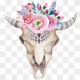 Watercolor Flower Skull Boho-chic Painted Pattern Illustration - Watercolor Painting Animal Skull, HD Png Download - flower illustration png