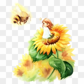 #sunflower #girl #cartoon #bee #art - Sunflower With Girl Cartoon, HD Png Download - cartoon bee png