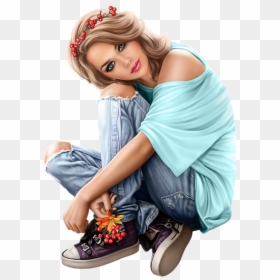 Femme Assise En Jean, HD Png Download - chicas png