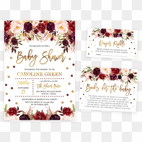 Marsala And Gold Floral Baby Shower Invitation Pack - Floral Maroon Png, Transparent Png - gold floral design png