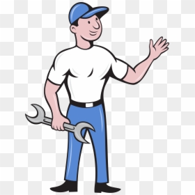 Mechanic Hold Spanner Waving Hand Cartoon Card - Mechanic Repairman Clip Art, HD Png Download - waving hand png