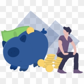 Man Sitting Down And Staring At A Piggy Bank With Money - Making Money Is Learning Vector, HD Png Download - saving money png