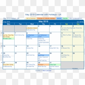 May 2019 Calendar With Holidays Uk - January 2020 Calendar With Holidays, HD Png Download - blank calendar png
