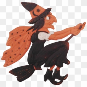 Large Flying Witch On Broom German Cardboard Die Cut - Illustration, HD Png Download - flying witch png