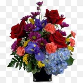 Arrangement Of Red Roses, Blue Hydrangea, Purple Iris, - Bouquet, HD Png Download - red rose bunch png