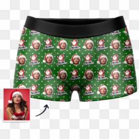 Christmas Hat Custom Santa Claus Face Boxer Shorts - Santa Socks Boxers, HD Png Download - green santa hat png