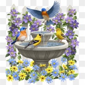 Painting Of Garden With People And Birds, HD Png Download - bird bath png