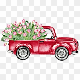 #watercolor #truck #flowers #tulips #vintage #antique - Red Truck With Flowers, HD Png Download - red truck png