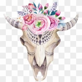 #paint #flowers #floral #watercolor #watercolour #bullhead - Longhorn Skull With Flowers, HD Png Download - bull horns png