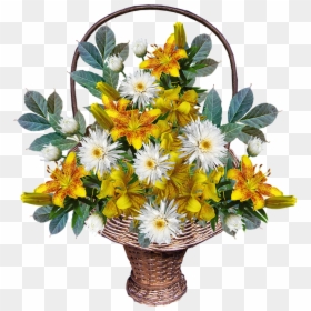 Flowers, Basket, Arrangement, Yellow, Leaves, Lilies - Bouquet, HD Png Download - bouquet basket png