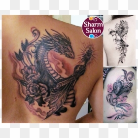 Dragon Tattoo With Rose On Shoulder, HD Png Download - feather tattoo png