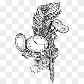 Sticker Freetoedit Tattoo Feather Clock Key Png Drawing - Pocket Watch Feather Tattoo, Transparent Png - feather tattoo png