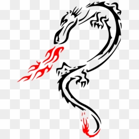 Line Art,plant,calligraphy - Tribal Dragon With Flames Tattoos, HD Png Download - tribal dragon png