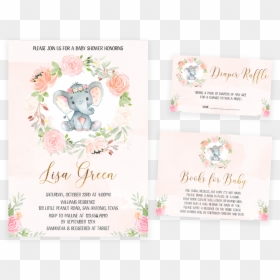 Pink Ink Floral Elephant Baby Shower Invitation Pack - Garden Roses, HD Png Download - baby elephant baby shower png