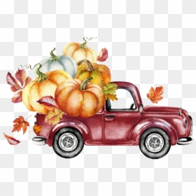 #watercolor #truck #pumpkins #leaves #autumn #fall - Red Christmas Truck Png, Transparent Png - fall watercolor png