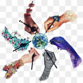 Hands Drawing Peace World Watercolor - Hand Art Drawing The World, HD Png Download - hands drawing png