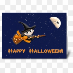 Witch On Broomstick Halloween Wishes Greeting Card - Cartoon, HD Png Download - witch broomstick png