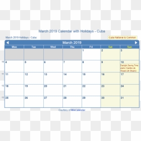 March 2019 Calendar With Cuba Holidays To Print - 2020 Calendar With Holidays, HD Png Download - march calendar png