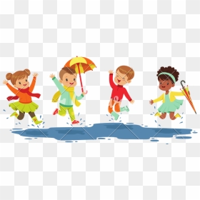 Cute Smiling Little Kids Jumping And Splashing Through - Jump In The Puddles Cartoon, HD Png Download - puddle png
