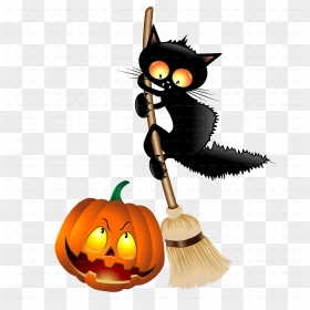 Cartoon Cat On Witch Broom-png - Halloween Witch On A Broom, Transparent Png - broom png