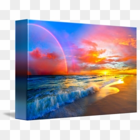 Pink Sunset Beach With Rainbow And Ocean Waves By Eszra - Paintings Of Sunsets Over The Ocean, HD Png Download - ocean waves png