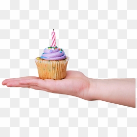 Purple Birthday Cup Cake In Hand - Hand With Cup Cake Png Transparent, Png Download - birthday candle png