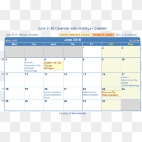 June 2018 Calendar With Swedish Holidays To Print - January 2018 Holiday Calendar, HD Png Download - 2018 calendar png