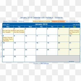 January 2018 Calendar With Moldova Holidays To Print - August Calendar 2010 Printable, HD Png Download - 2018 calendar png