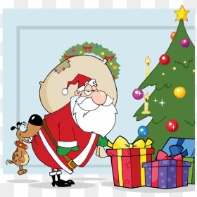 Dog Biting Santas Butt By A Christmas Tree Vector Santa - Santa Delivering Presents Cartoon, HD Png Download - christmas tree vector png