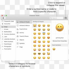 The Character Viewer Window - Text Emojis, HD Png Download - camera emoji png