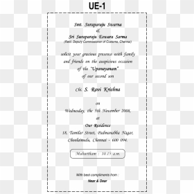 Thread Ceremony Invitation Card Matter In English Examples - Upanayanam Invitation Cards, HD Png Download - invitation card png