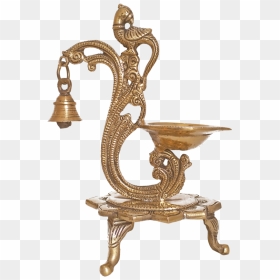 Antique Brass Peacock Diya Single Faced Jyot With Bell - Brass, HD Png Download - single peacock feathers png
