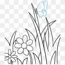 Transparent Grass Drawing Png - Butterfly In Garden Drawing, Png Download - garden grass png