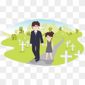 Child And Male Parent Or Carer Walking Through A Cemetery - Illustration, HD Png Download - children walking png