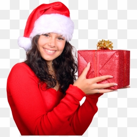 Girl With Red Santa Claus Hat Holding Gift Box Png - Girl Holding Gift Png, Transparent Png - santa claus hat png