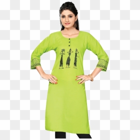 Worli Printed Designer Ladies Kurti Neon Green - Warli Print In Kurta, HD Png Download - kurti png