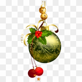 Green Transparent Christmas Ball With Mistletoe Clipart - Christmas Balls And Bells, HD Png Download - hanging christmas ornaments png