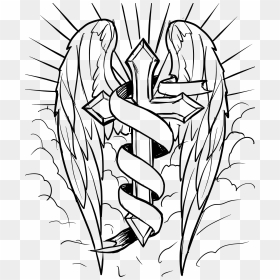 Radiant Cross With Wings In The Clouds Line Art Clip - Cross With Wings Drawing, HD Png Download - cross clip art png