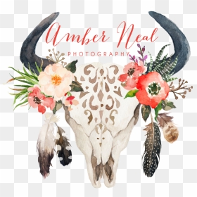 Cow Skull With Flowers And Feathers , Png Download - Cow Skull With Flowers Clipart, Transparent Png - cow skull png