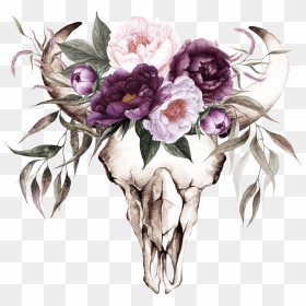 Cow Skull With Purple Flowers Transfer - Longhorn Skull With Flowers, HD Png Download - cow skull png