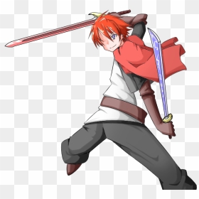 Red Hair Boy Dual Sword By Edelritter0519 - Anime Boy With Red Hair And Sword, HD Png Download - cartoon sword png