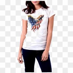 White T-shirt Front View American Flag Eagle - Woman Wearing T Shirt, HD Png Download - american flag eagle png