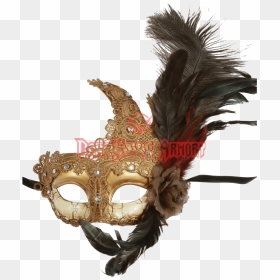 Feathered Golden Lace Masquerade Mask - Gold Feather Masquerade Mask Transparent Background, HD Png Download - masquerade masks png