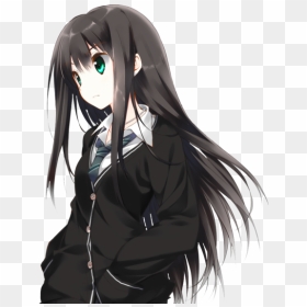 Anime Girl - Anime Girl Black Hair Green Eyes, HD Png Download - cartoon hair png