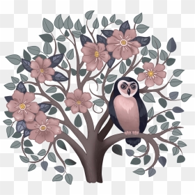 Owl On A Flowering Tree Clipart - Illustration, HD Png Download - flower tree png images