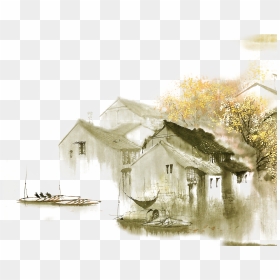 Dwelling In The Fuchun Mountains Jiangnan Ink Wash - Chinese Mountains And House Painting, HD Png Download - trees elevation png