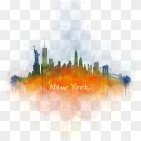 New York City Skyline Watercolor Painting Cityscape - Watercolor City Skyline Transparent Background, HD Png Download - miami skyline png