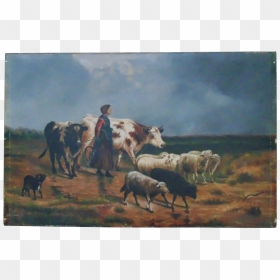 Old Cattle Ranch Oil Painting - Farm Sheep Dog Painting, HD Png Download - cows png