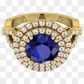 Sapphire Round Center With Diamond Double Halo Engagement - Diamond, HD Png Download - diamond ring clipart png