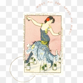 Playing Card With Illustration Of Women Dancing Around - Club Champagne Illustration Vintage, HD Png Download - champagne bottle popping png
